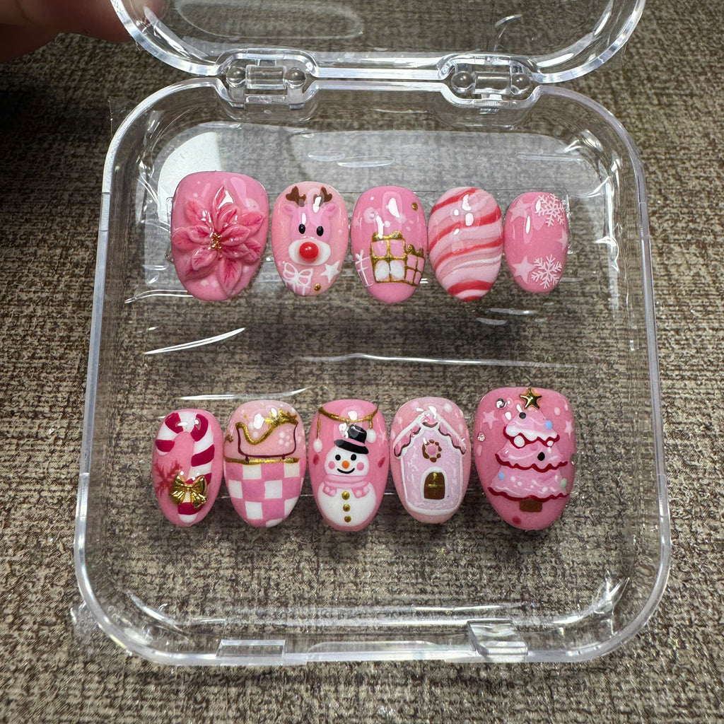 Pink Christmas Holiday Press On Nails