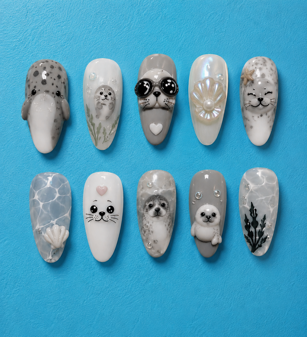 Cute Baby Seal Ocean Pearl 3D Press On Nails