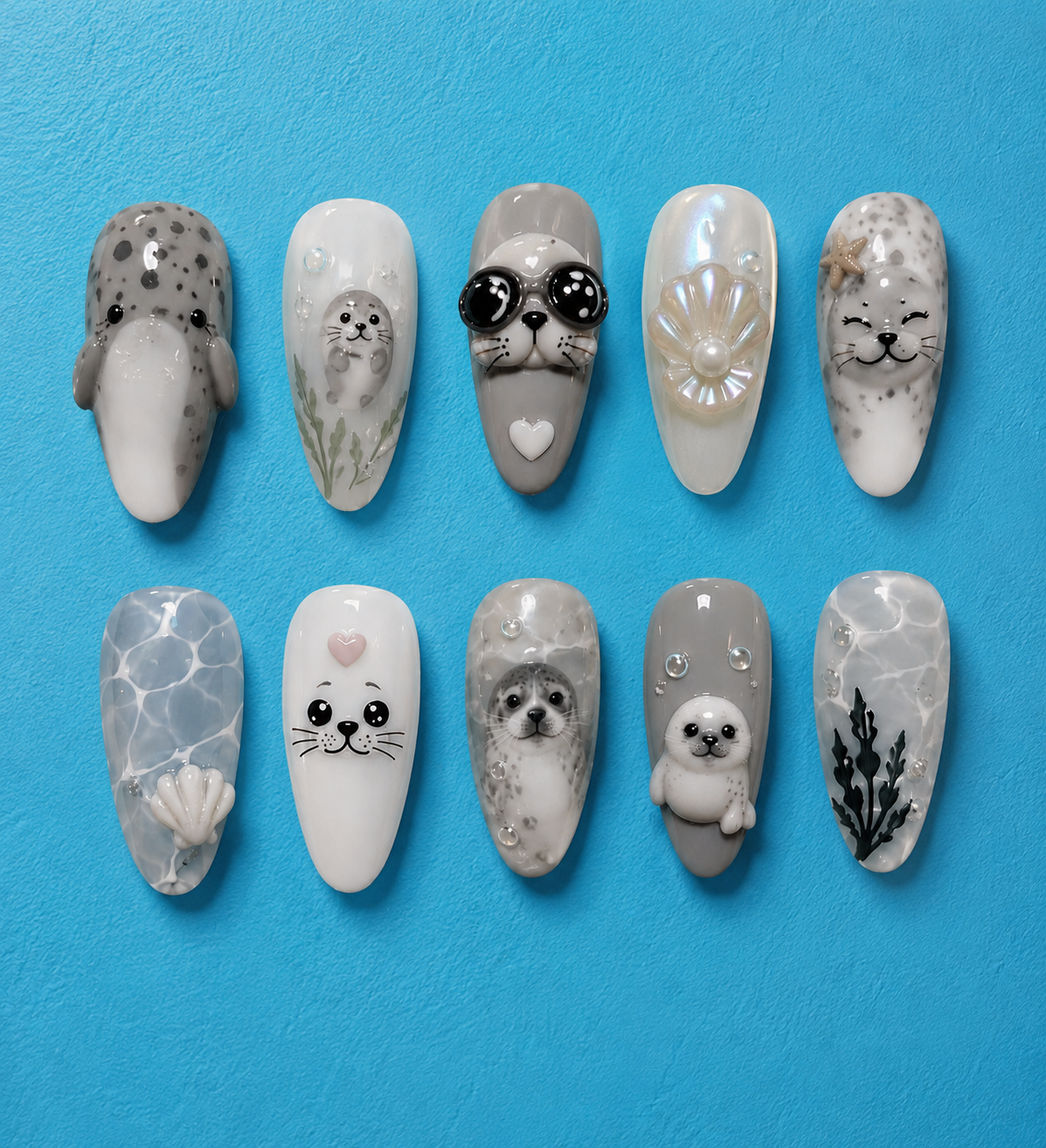 Cute Baby Seal Ocean Pearl 3D Press On Nails