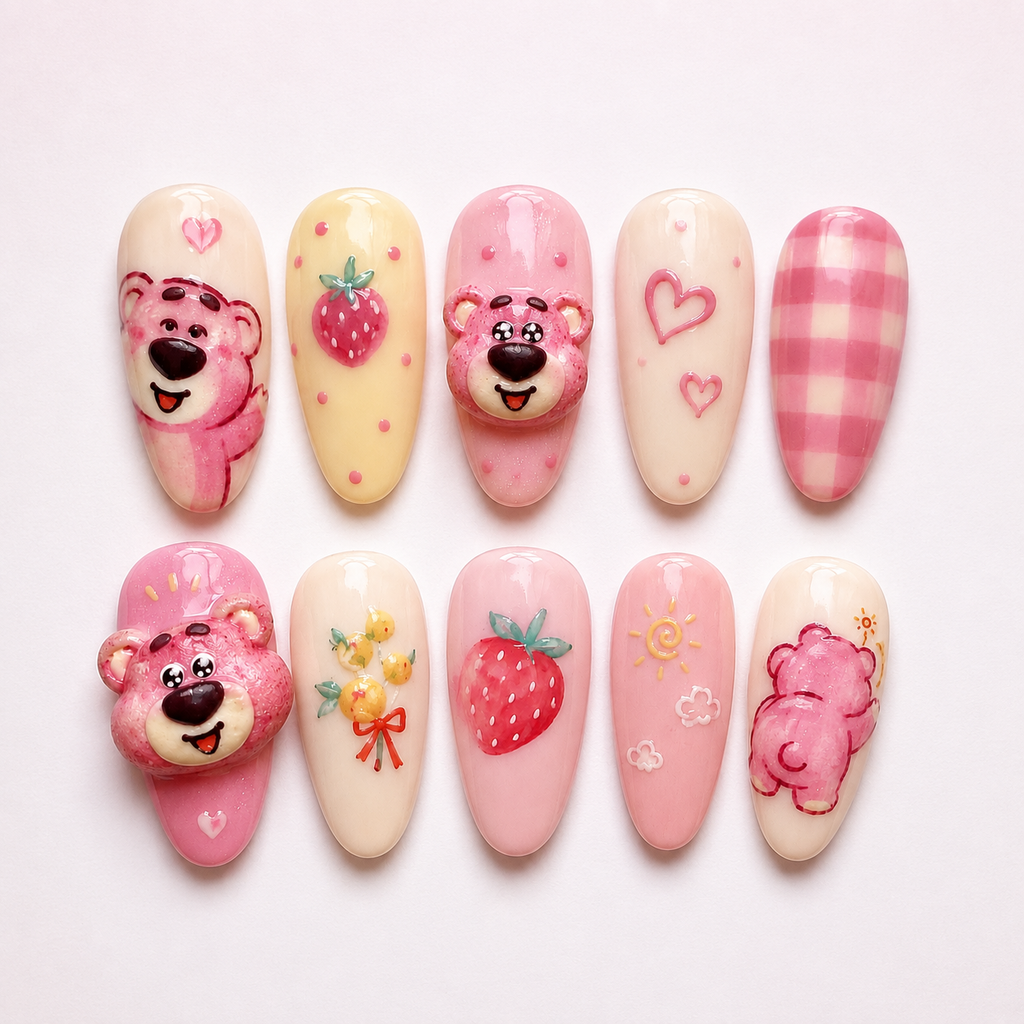 Sweet Strawberry Pink Bear Press On Nails