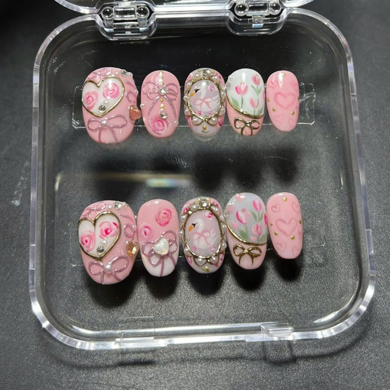 Valentine Pink Swan Press On Nails