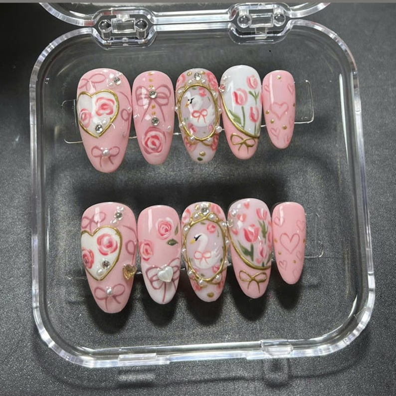 Valentine Pink Swan Press On Nails