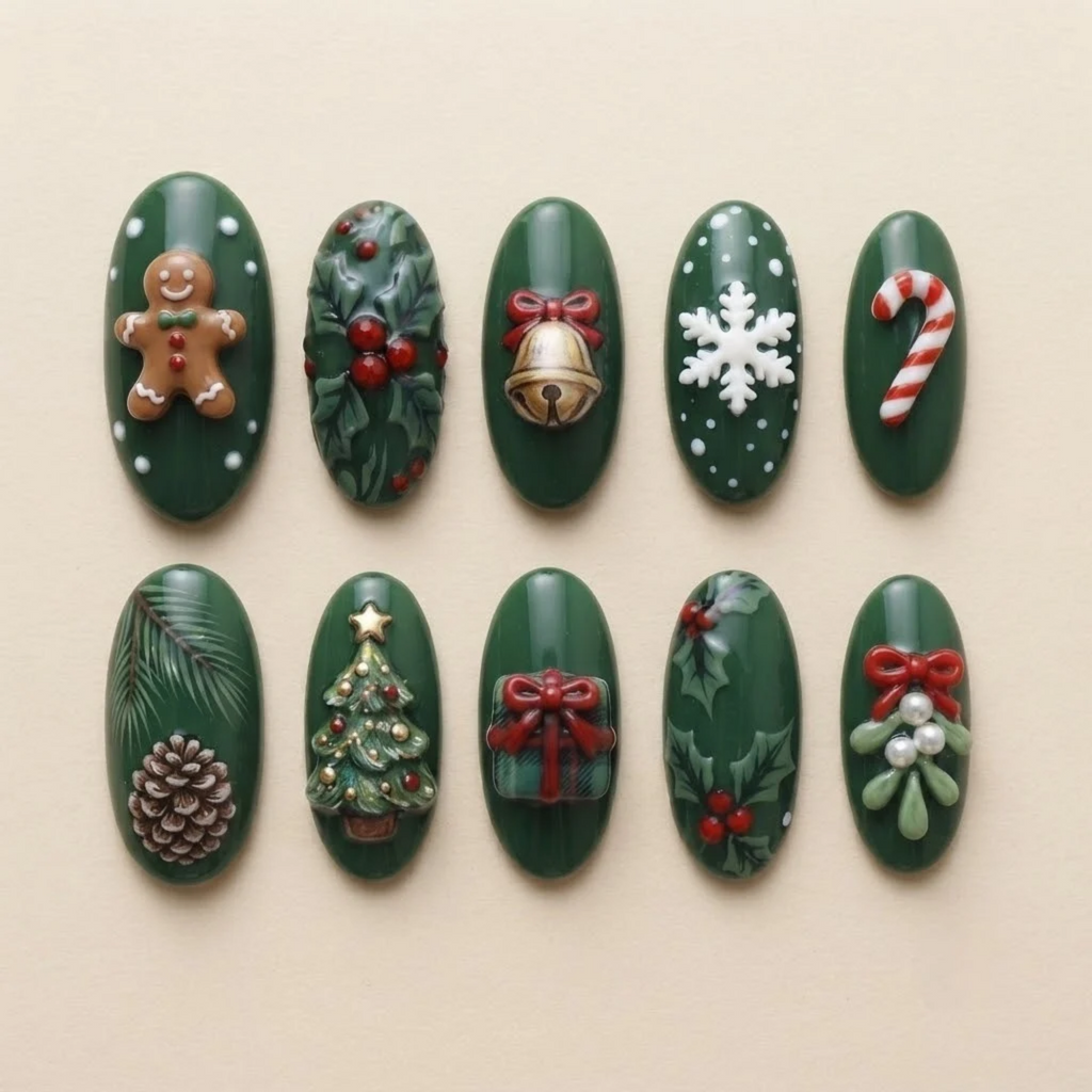 Green Gingerbread Grove Christmas Nails