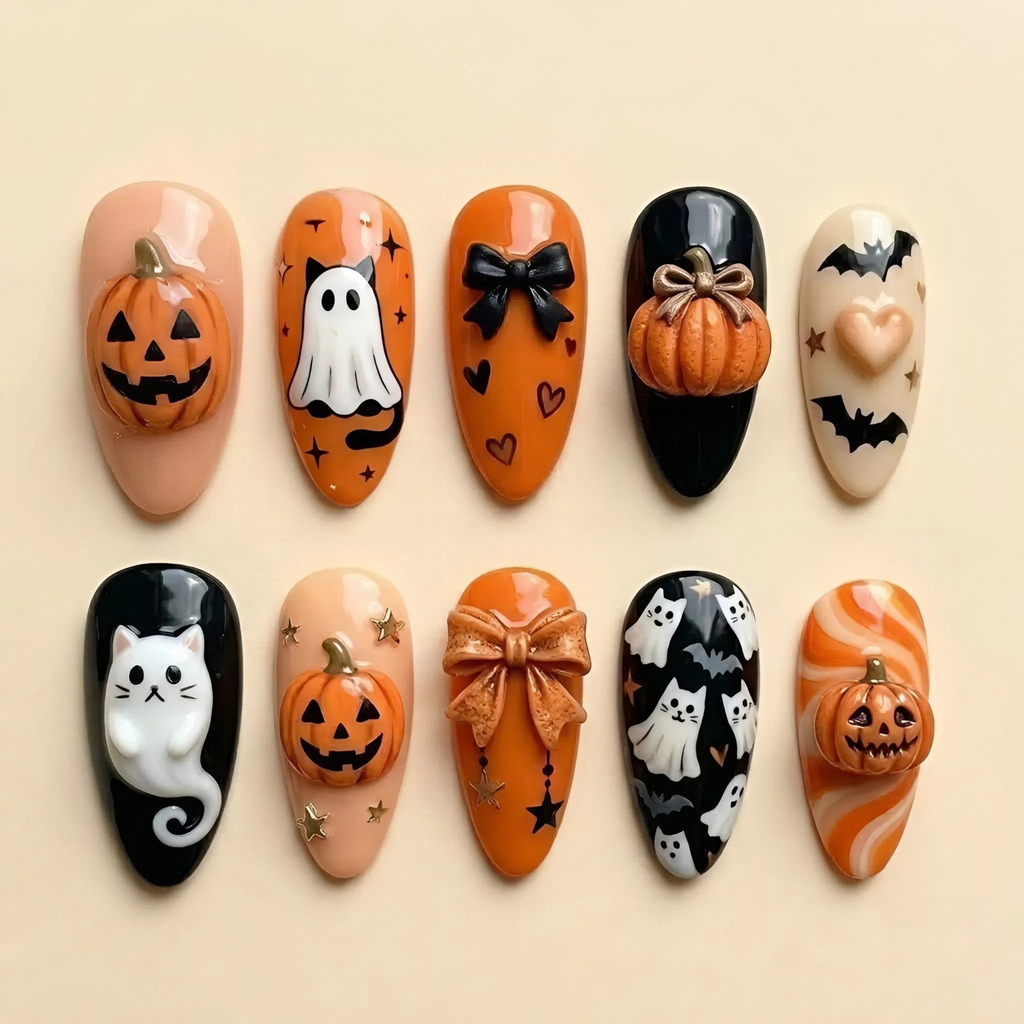 Ghostly Cat Pumpkin Halloween Press On Nails