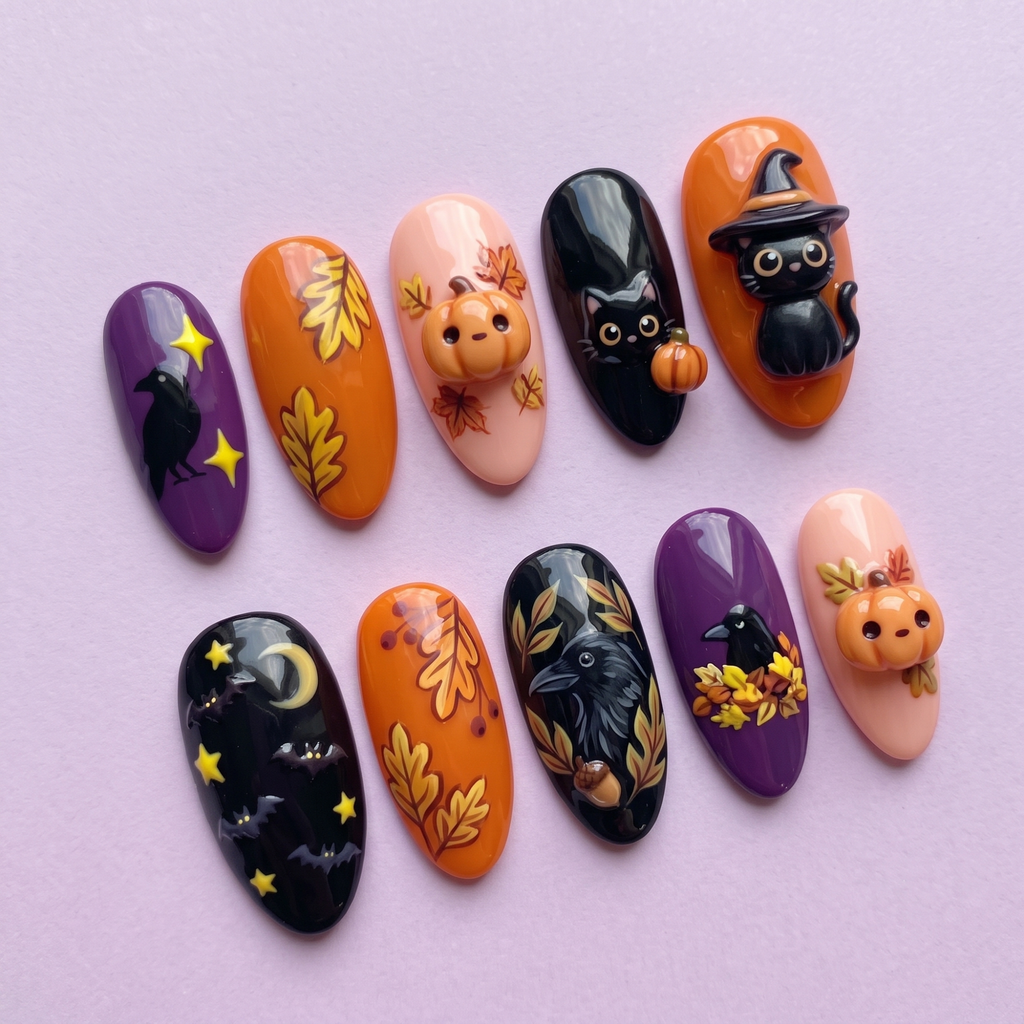 Cute Halloween Black Cat Press On Nails