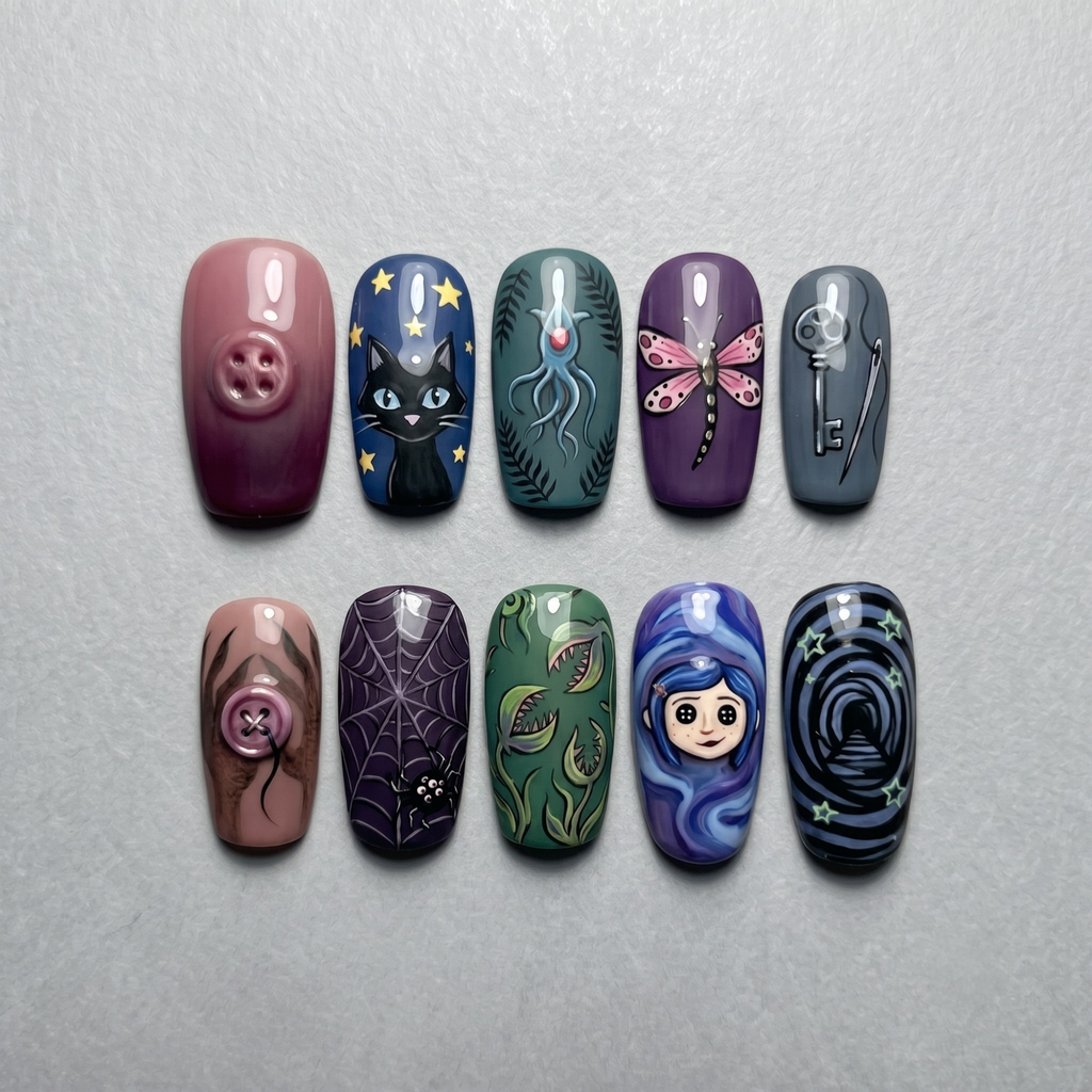 Whimsical Dark Fantasy Button Nails