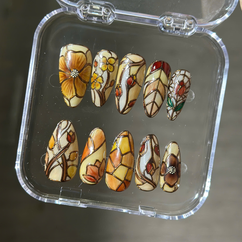 Amber Stained Glass Floral Nails