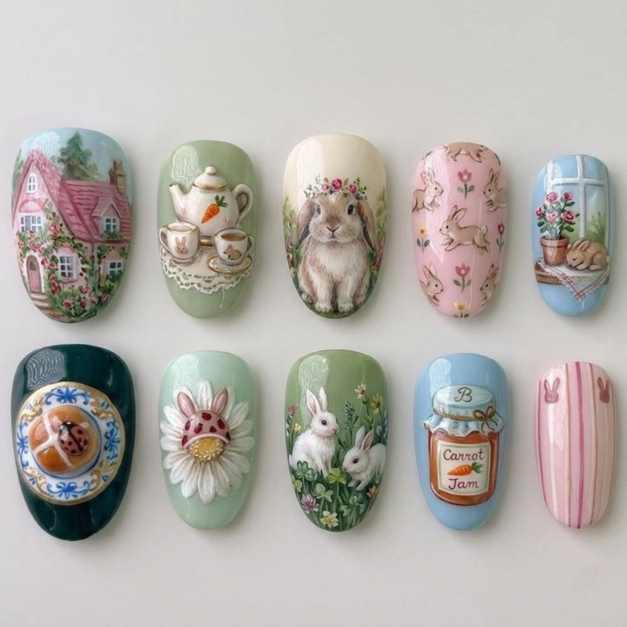 Hand-painted Bunny Pastel Cottagecore Nails