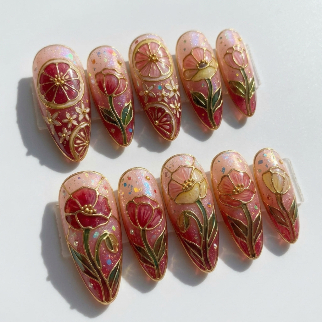 Grapefruit Floral Ombre Nails