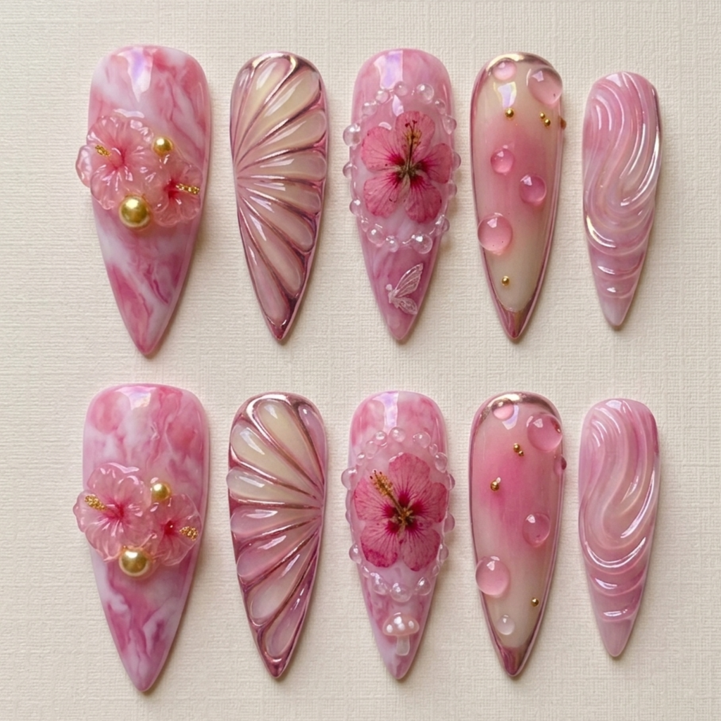 Fairycore Pink Flower Press On Nails