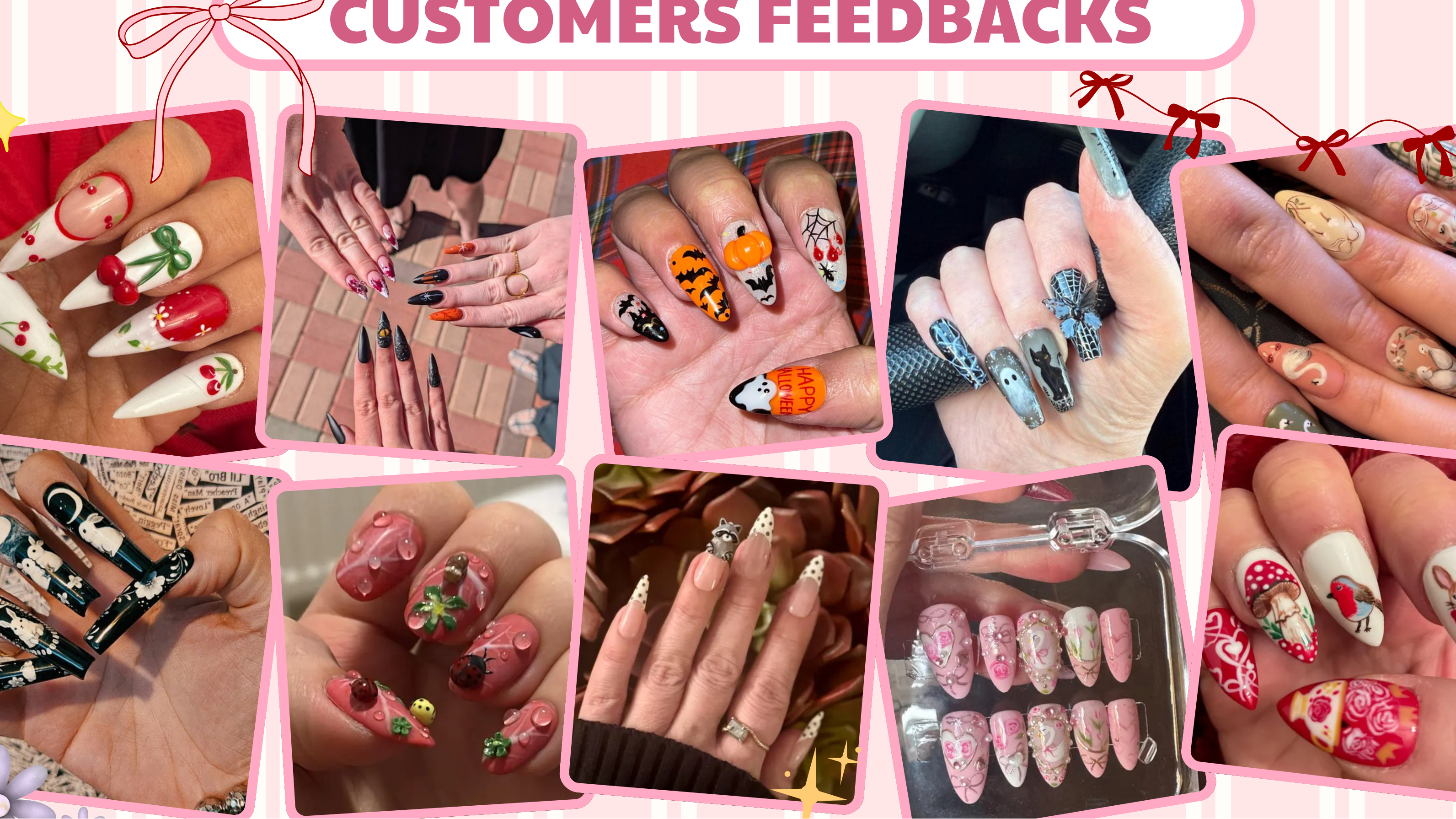 Collage of customers' nail art feedback with decorative elements on a pink background