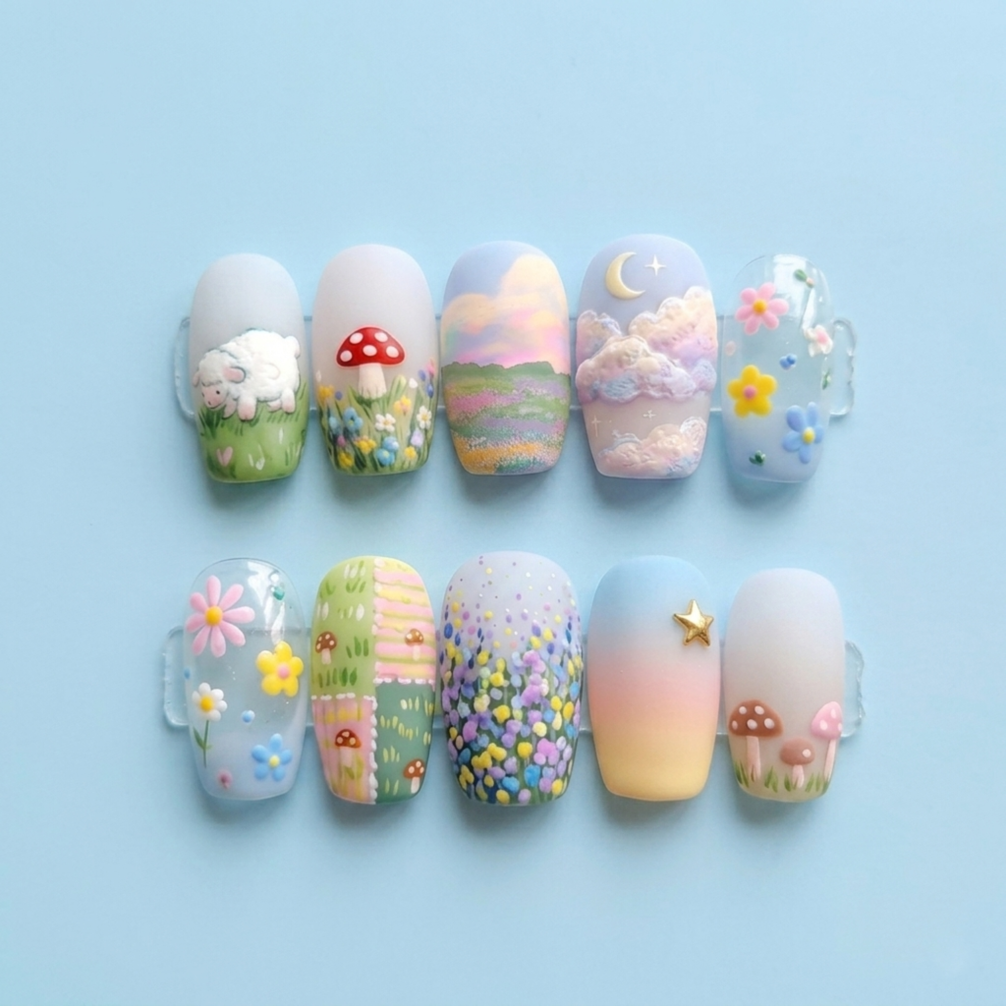Cottagecore Sheep Rainbow Nails