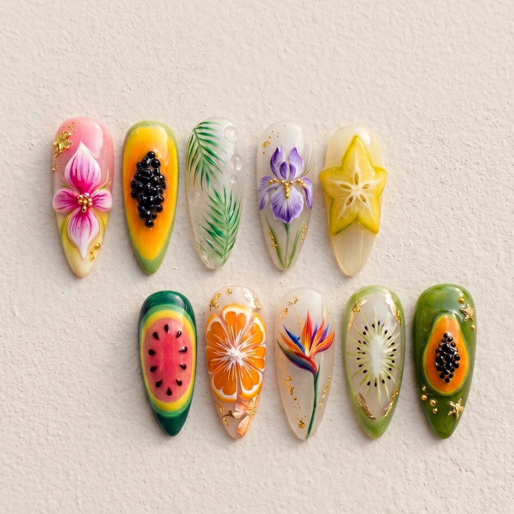 Tropical Fruit Floral Press On Nails