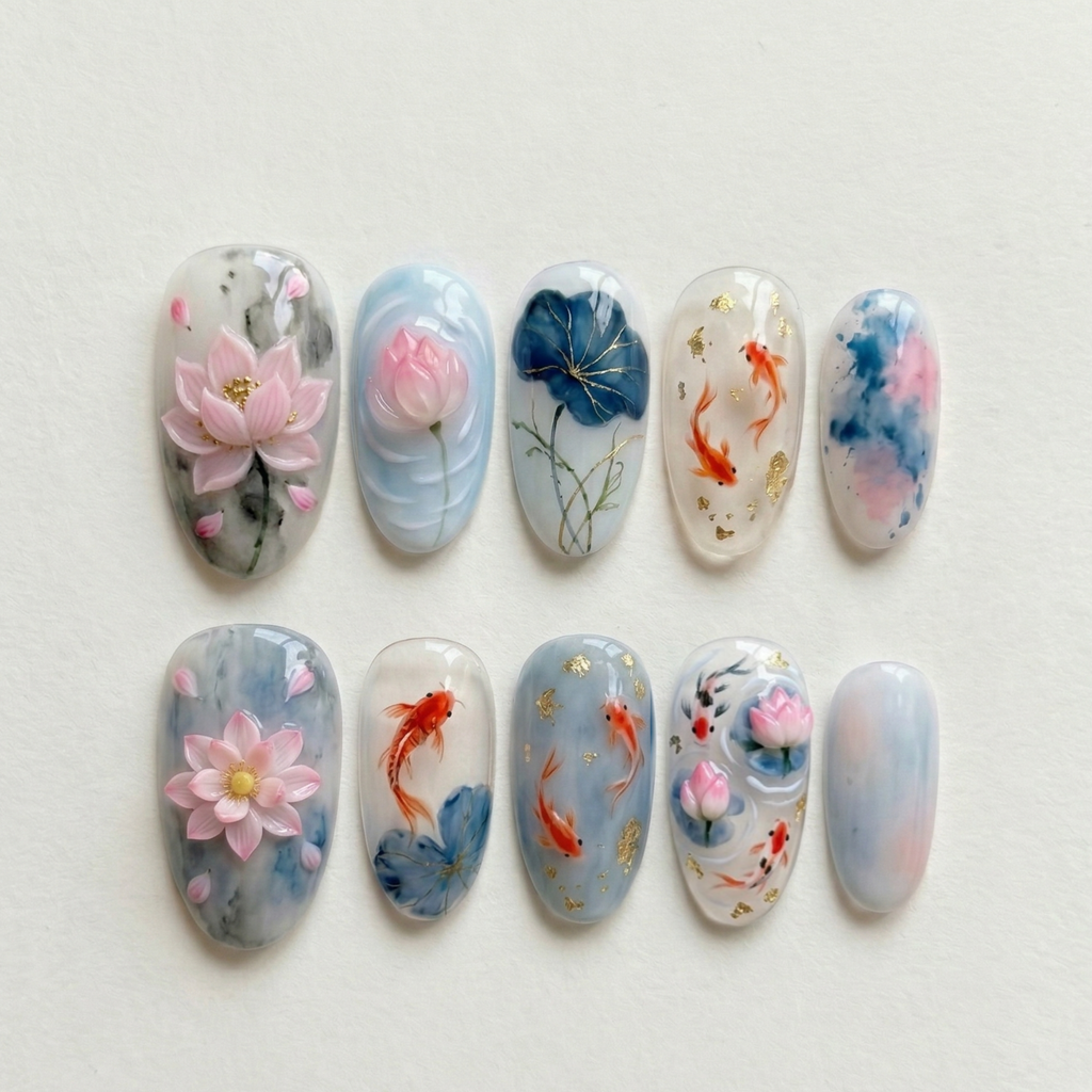 Koi Fish Lotus Marble Nails