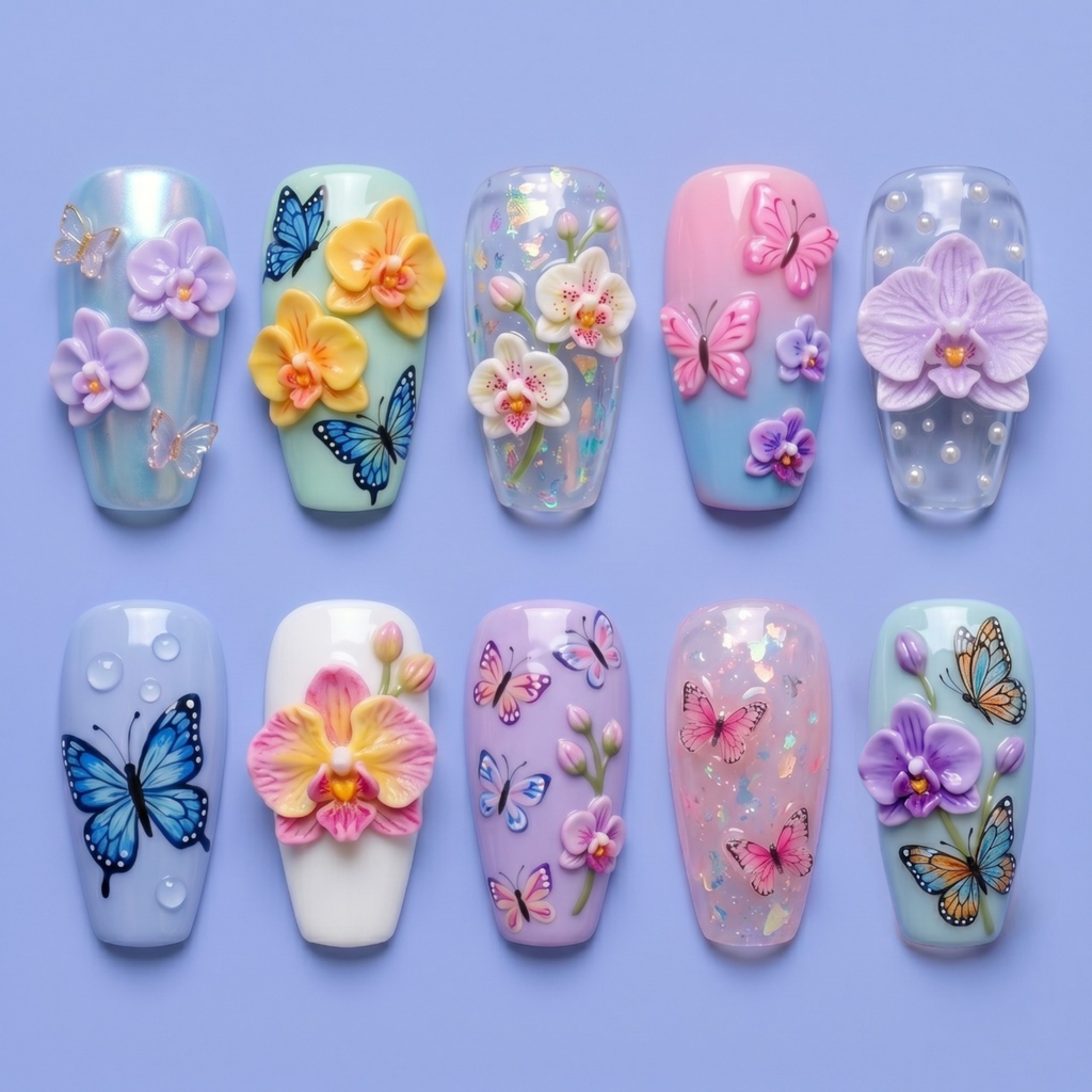 Pastel Orchid Butterfly Press On Nails