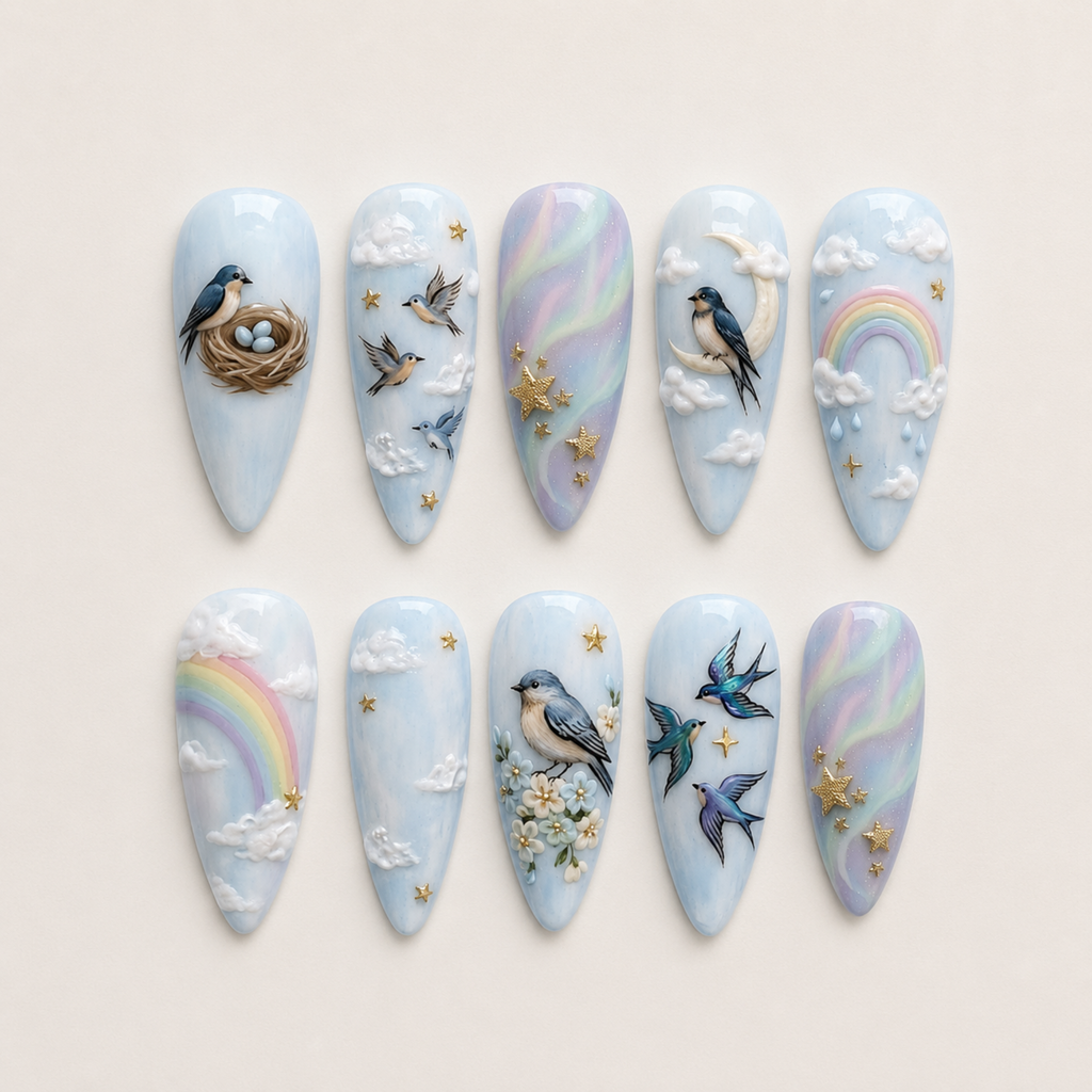 Dreamy Bluebird Rainbow Press On Nails