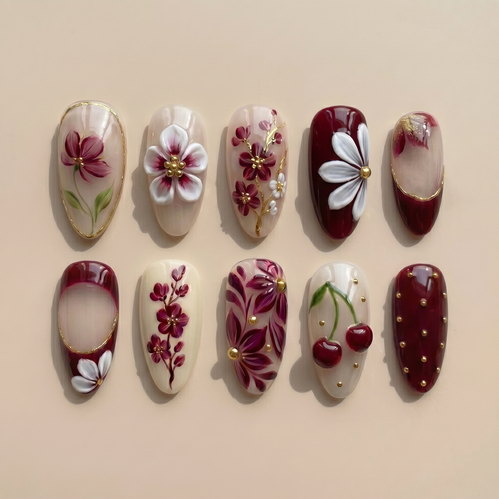 Burgundy Cherry Blossom Press On Nails