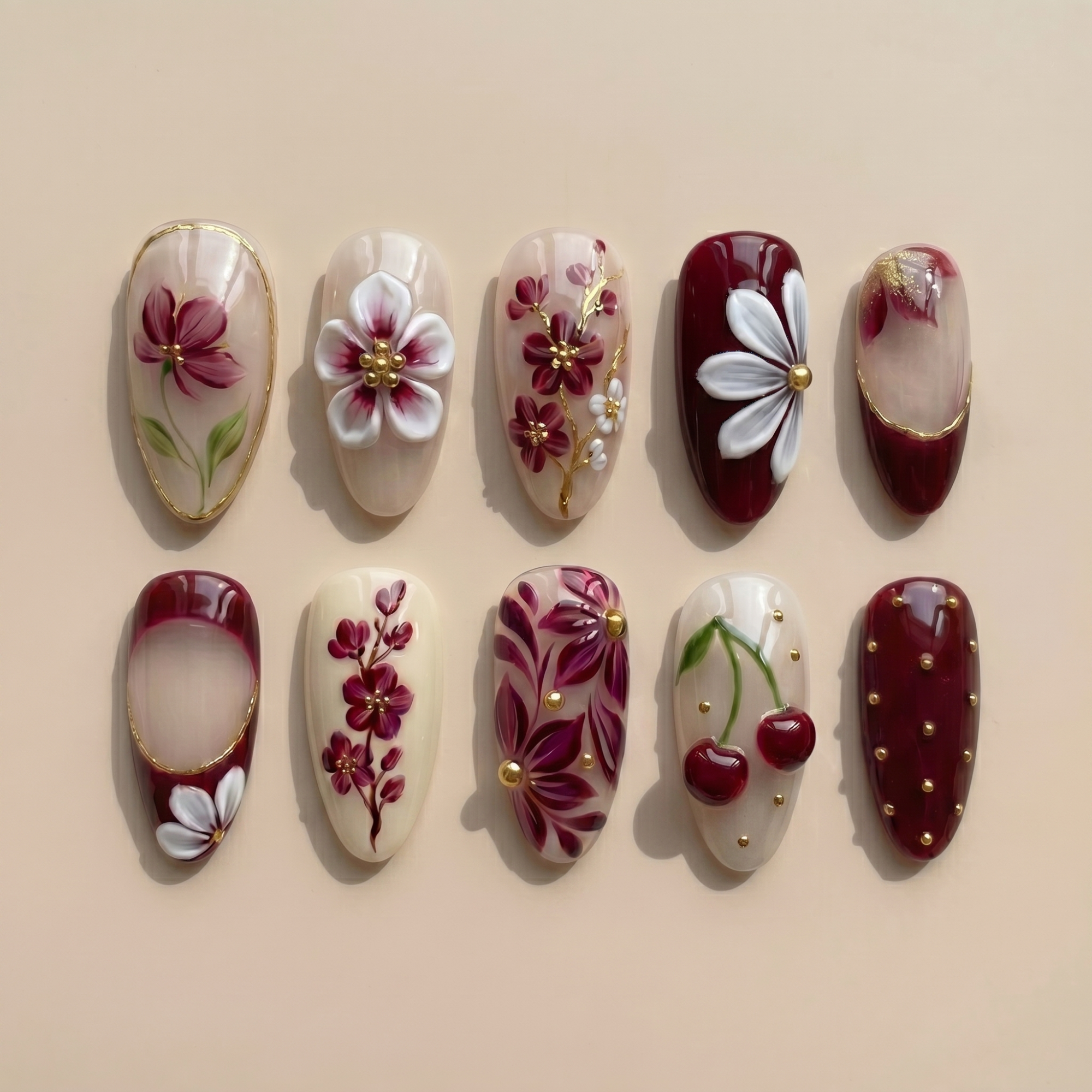 Burgundy Cherry Blossom Press On Nails