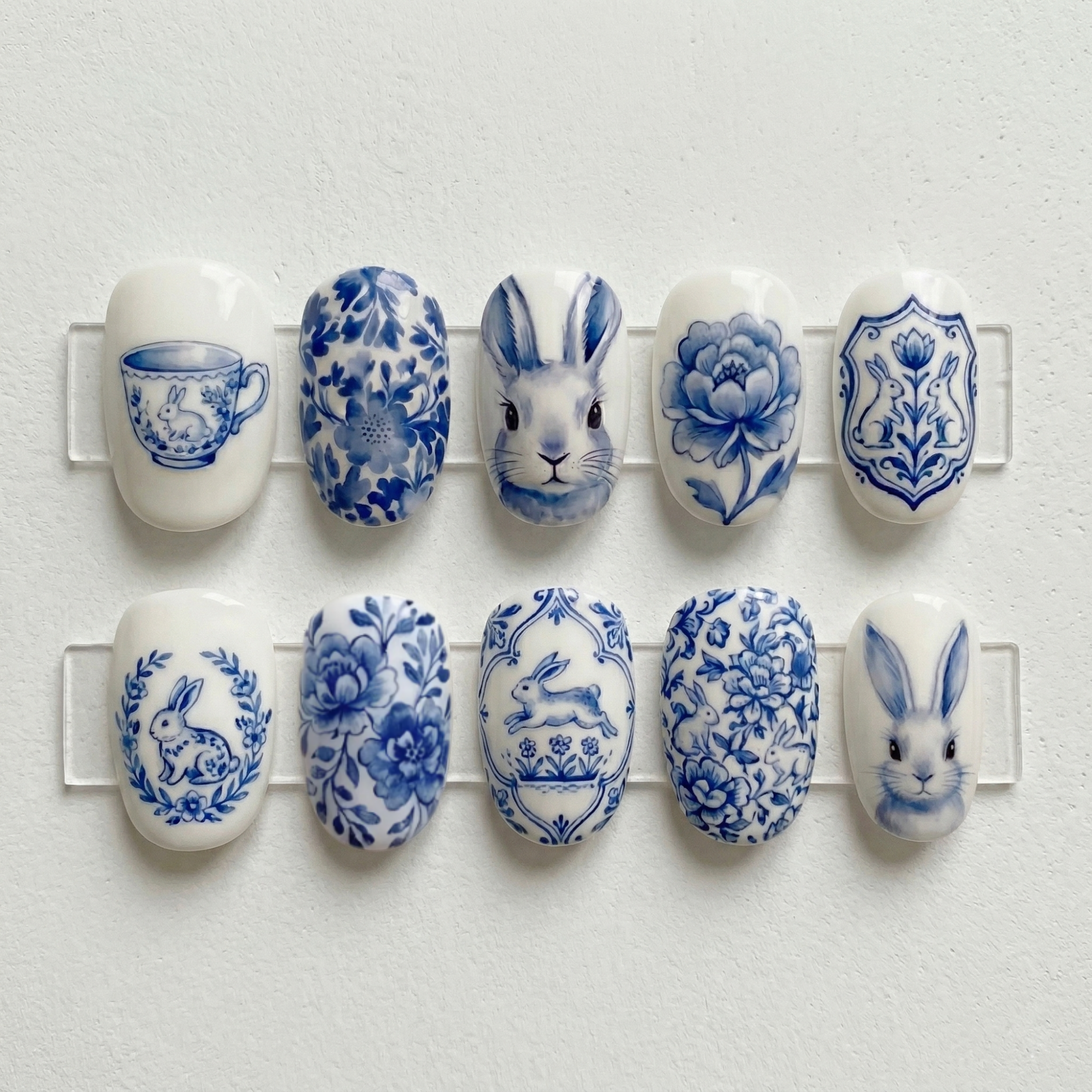 Blue White Porcelain Bunny Nails