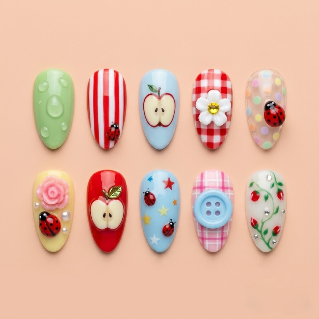 Cute Apple Ladybug Press On Nails