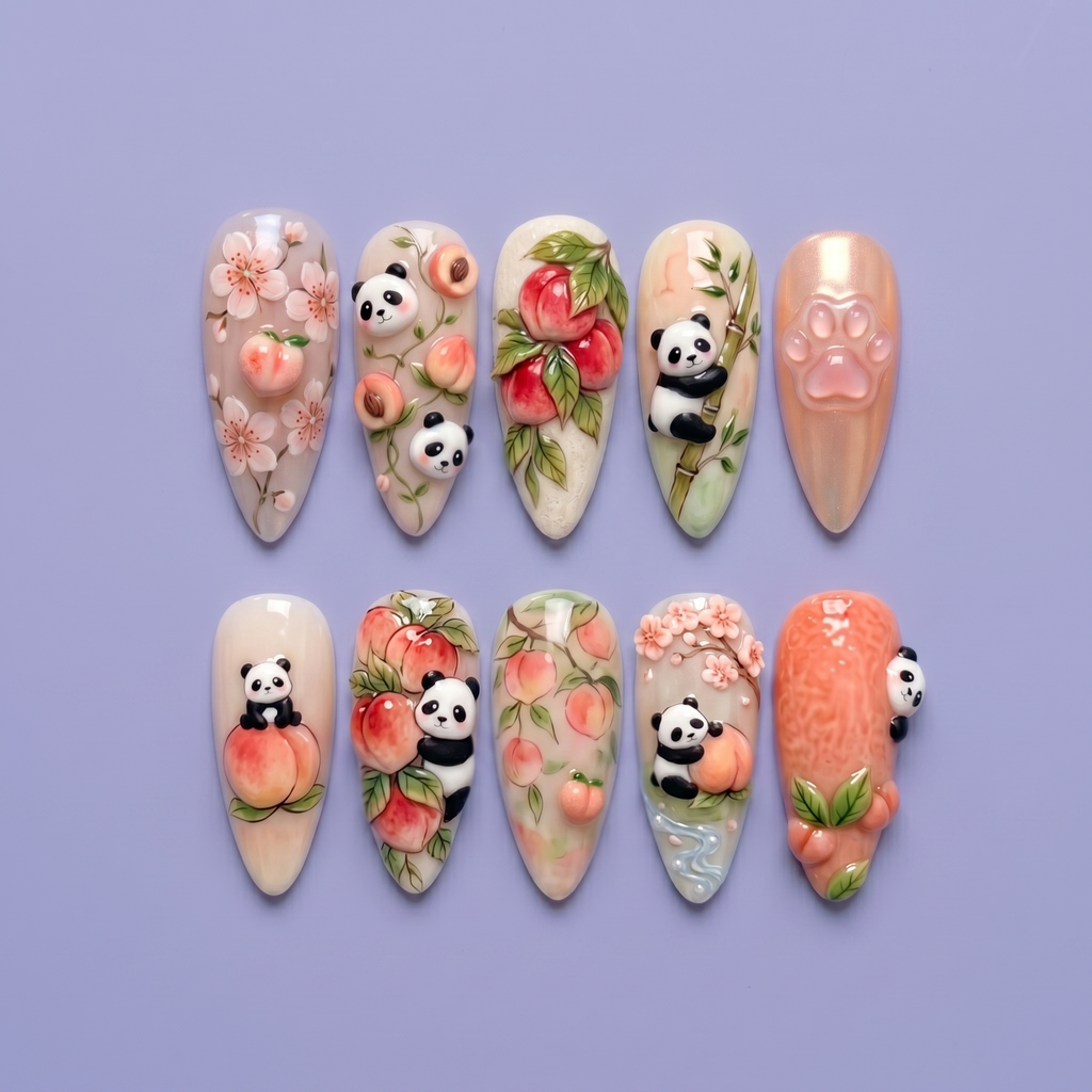 Cute Panda Peach Blossom Press On Nails
