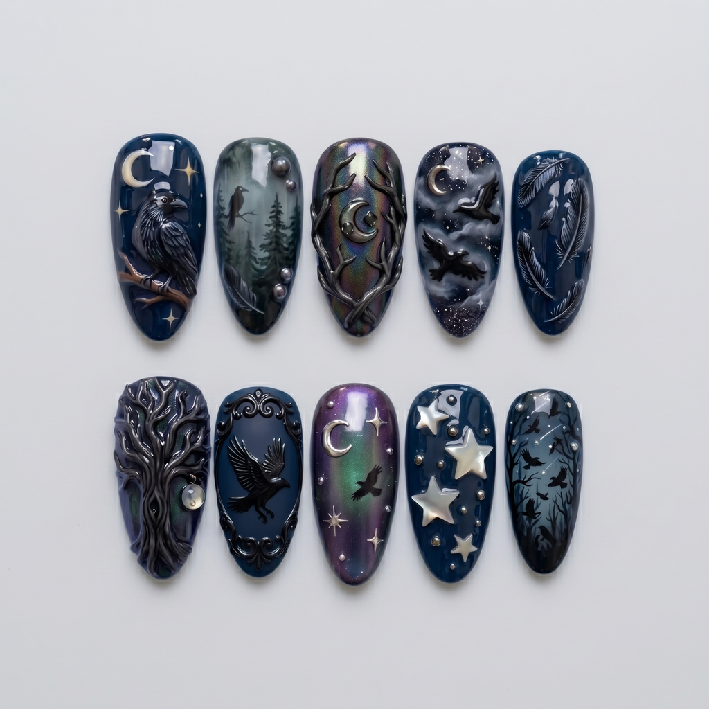 Dark Raven Moon Press On Nails