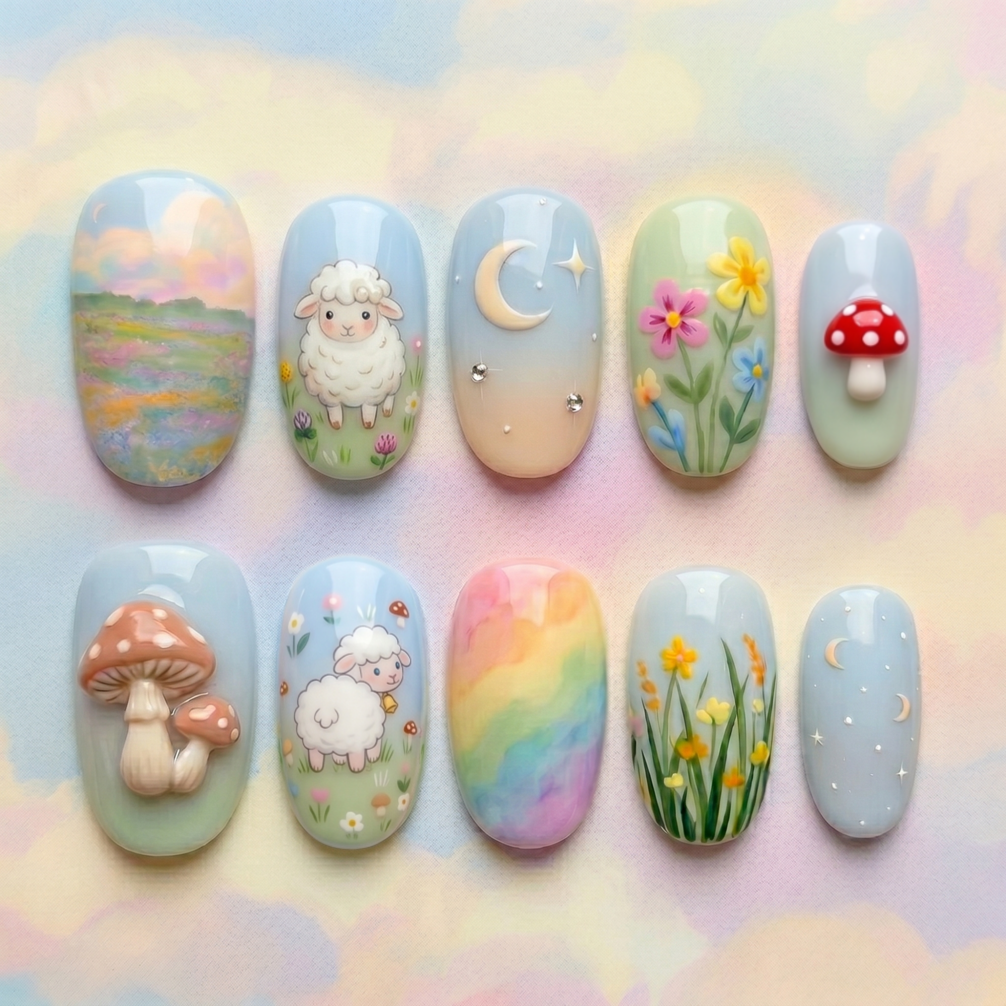 Whimsical Cottagecore Sheep Nails