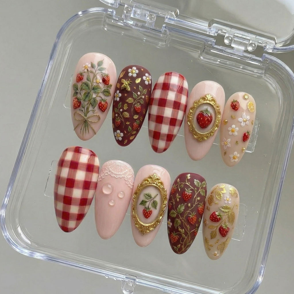 Strawberry Picnic Gingham Floral Press On Nails