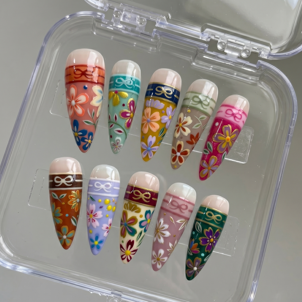 Vintage Floral Ribbon Press On Nails