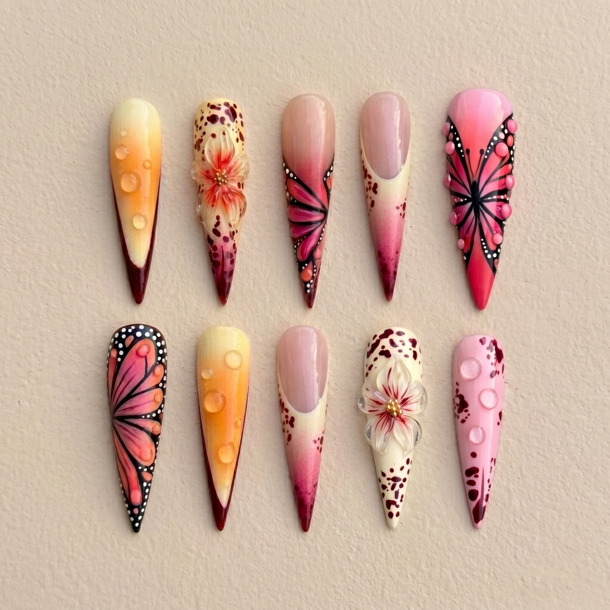 Pink Butterfly Stiletto Press On Nails