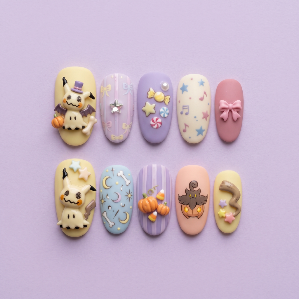 Pastel Rag Doll Ghost Halloween Nails
