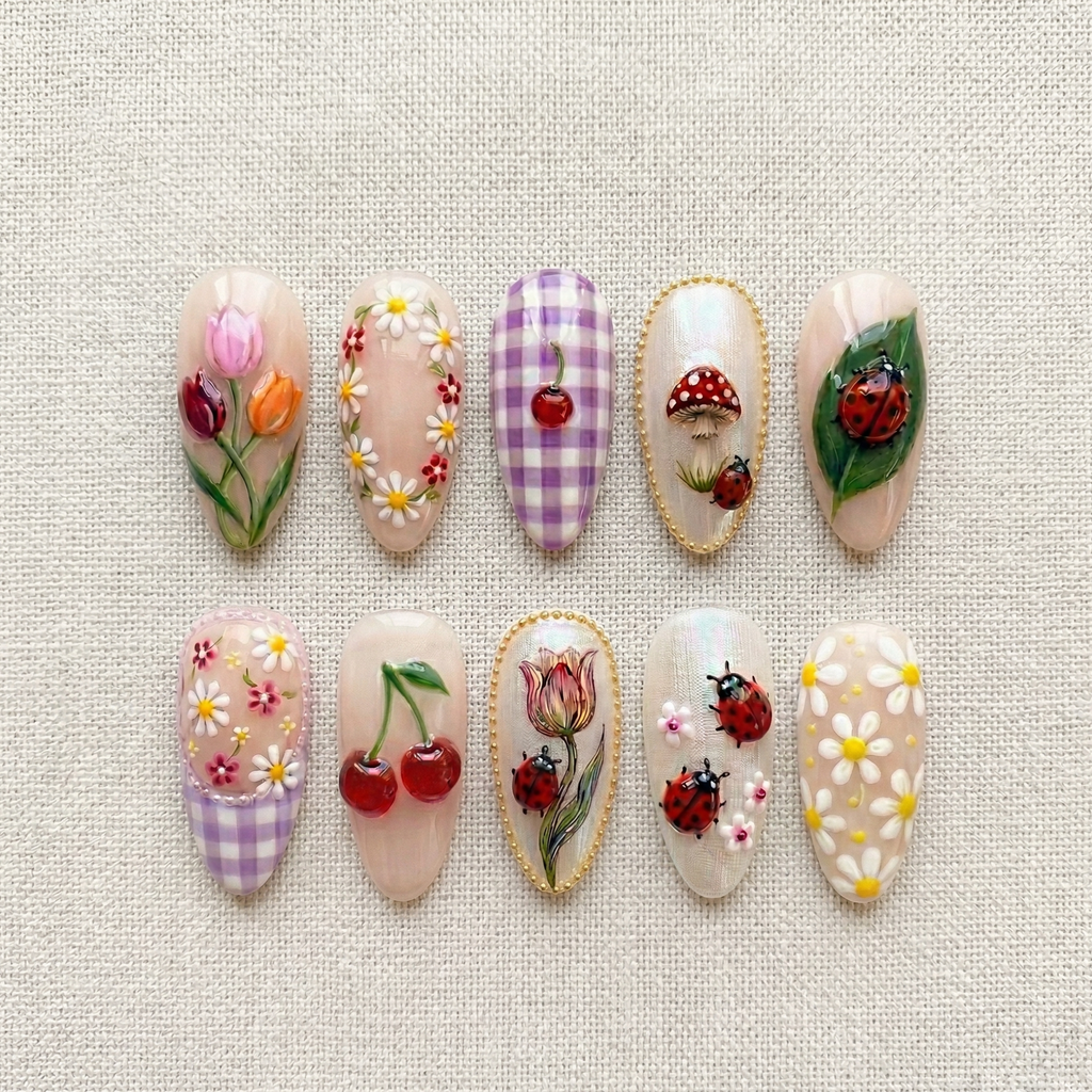 Cherry Ladybug Garden Gingham Nails