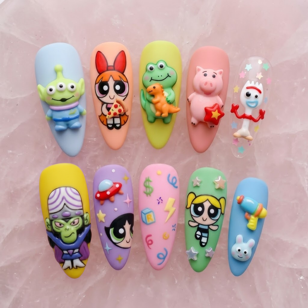 Playful Pastel Pop Cartoon Nails