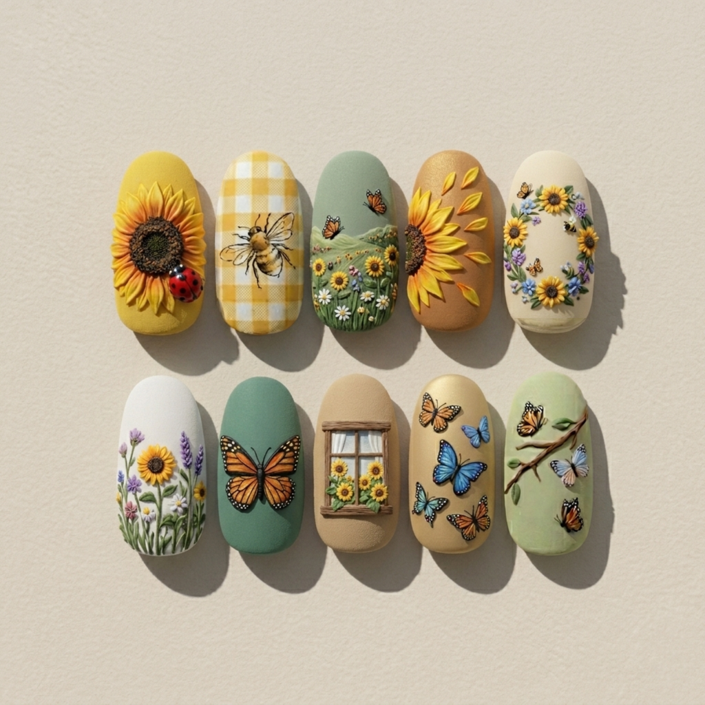 Sunflower Butterfly Cottagecore Floral Nails