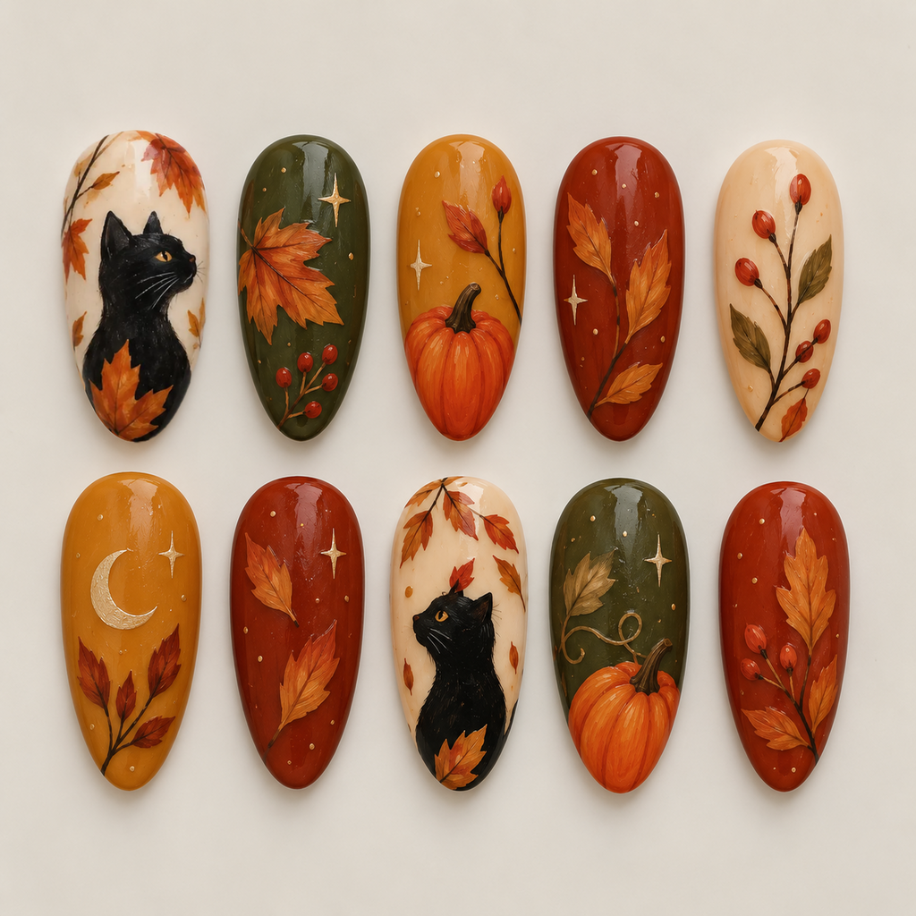 Whispering Leaves Black Cat Nails