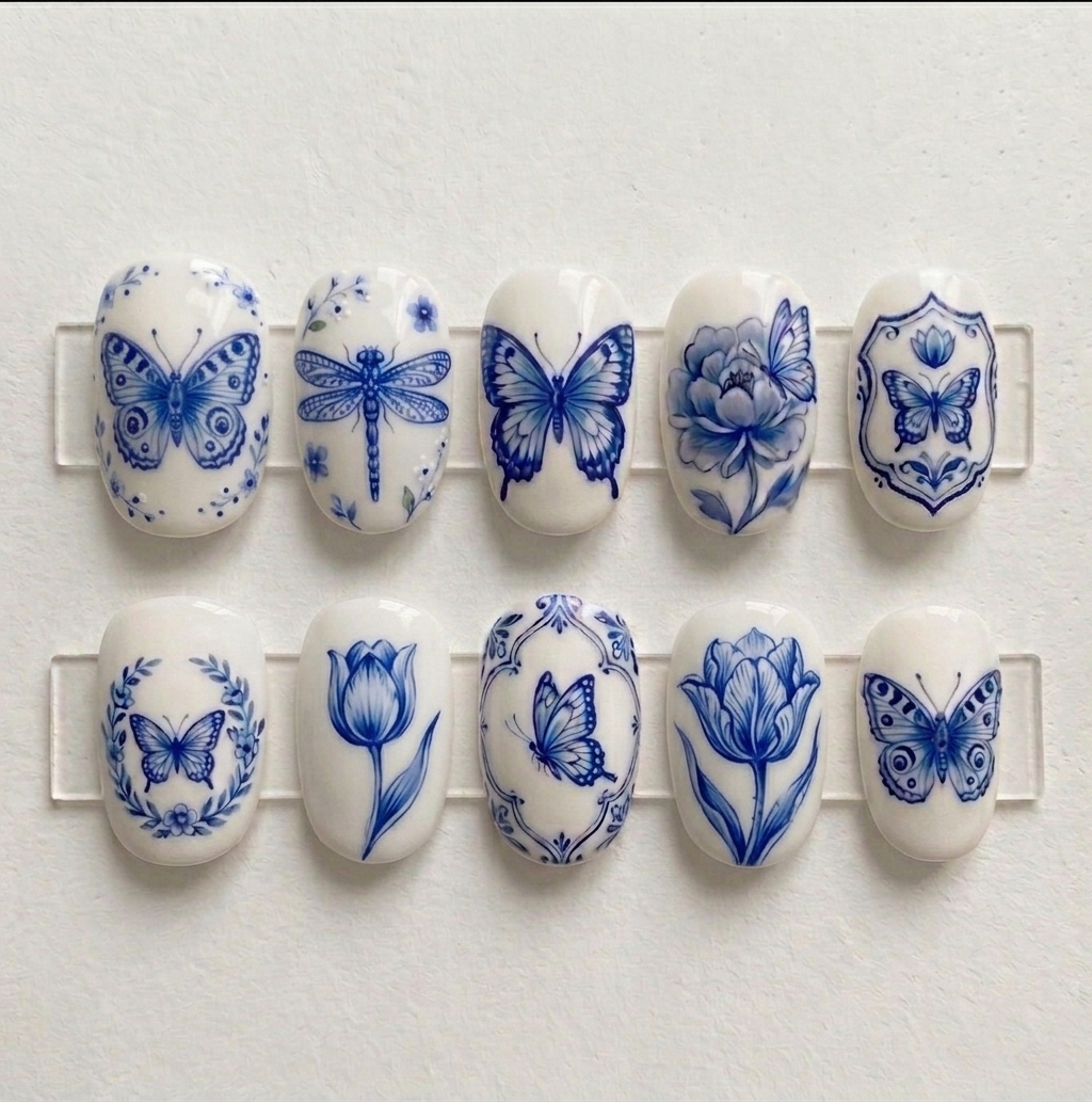 Blue Porcelain Butterfly Floral Nails