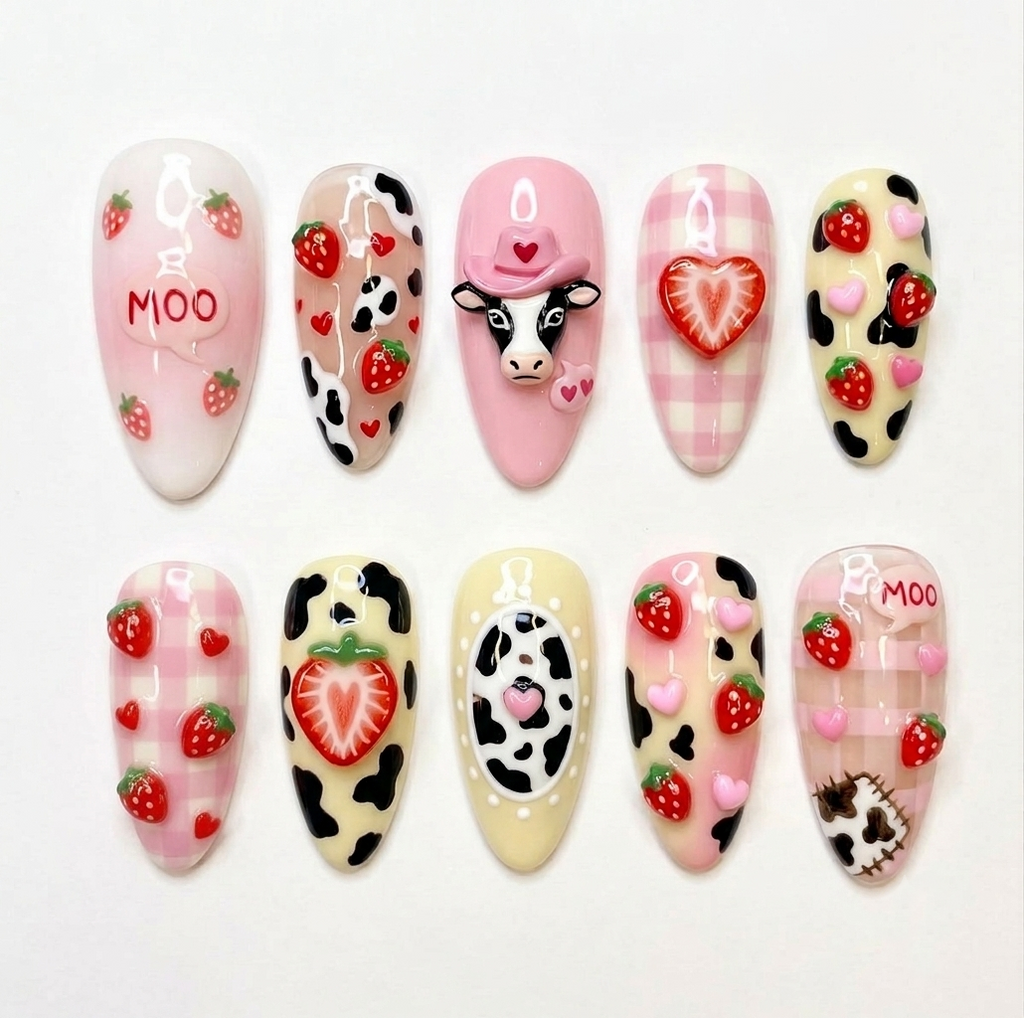 Strawberry Cow Press On Nails