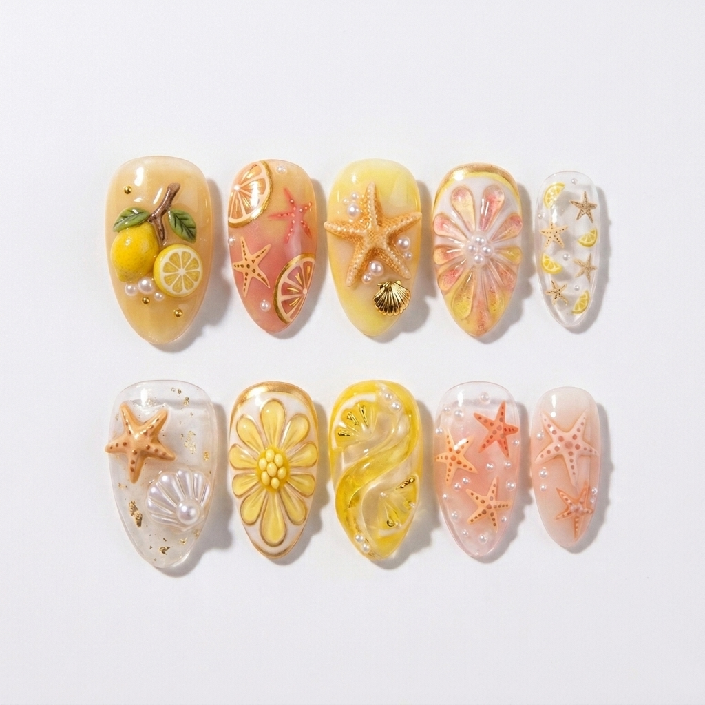 Pastel Lemon Coastal Bloom Nails