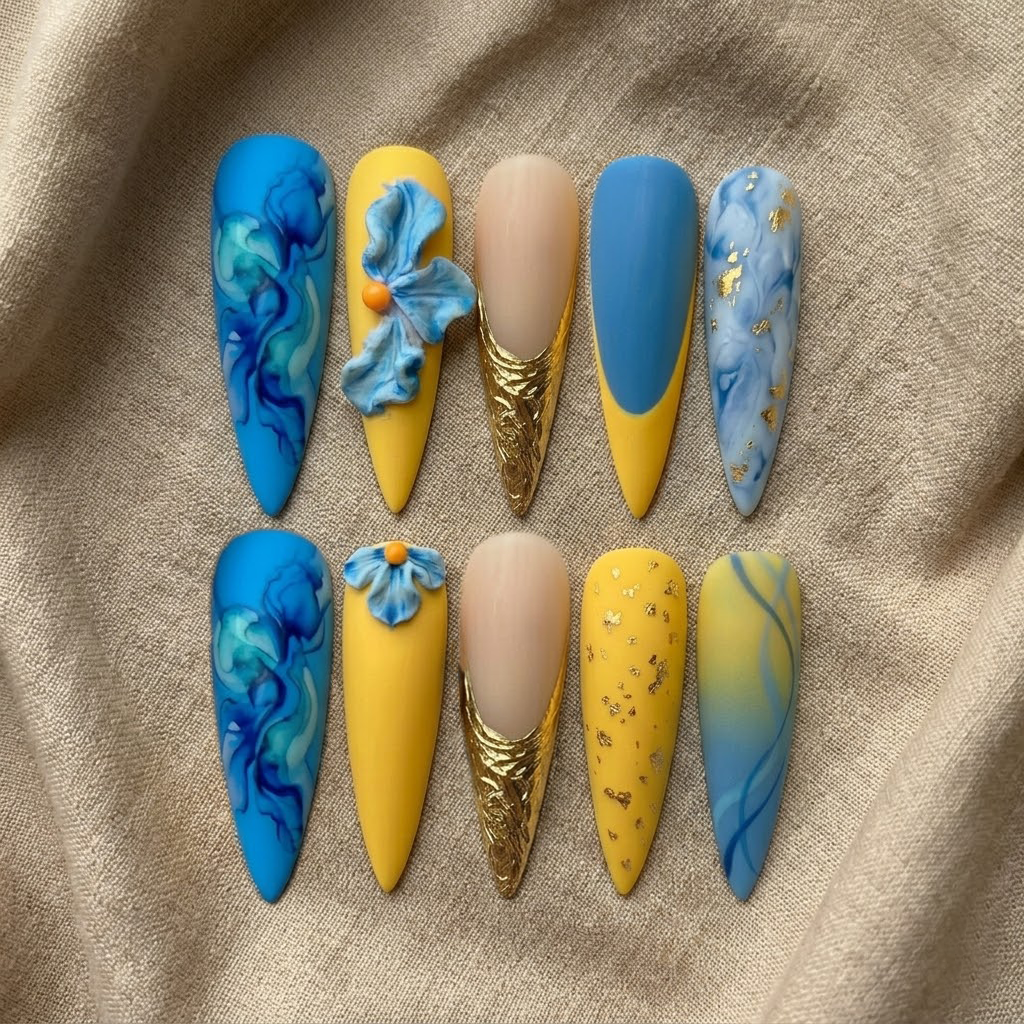 Blue Marble Gold Accent Nail Set