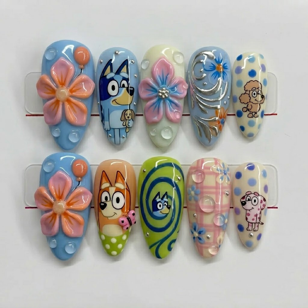 Blue Puppy Blooms Nail Set