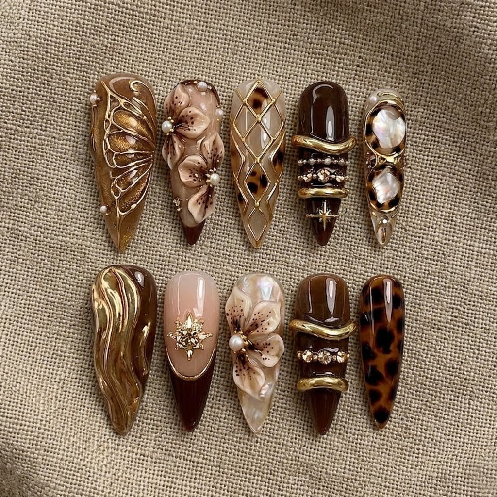 Golden Mocha Orchid Elegance Nail Set