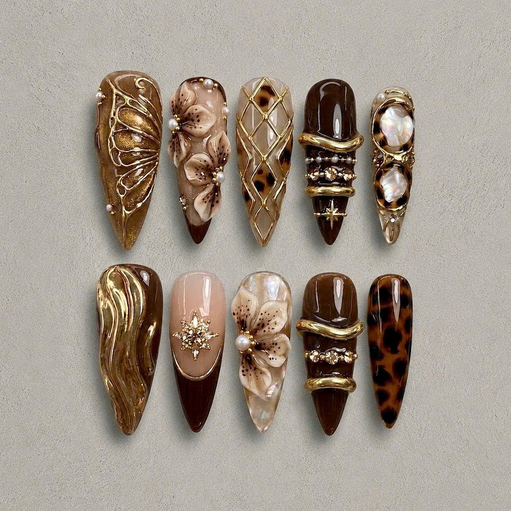 Golden Mocha Orchid Elegance Nail Set