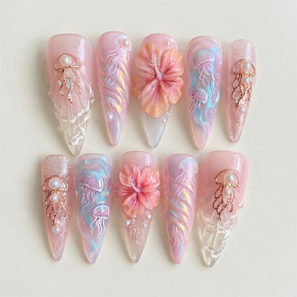 Pastel Jellyfish Hibiscus Press On Nails