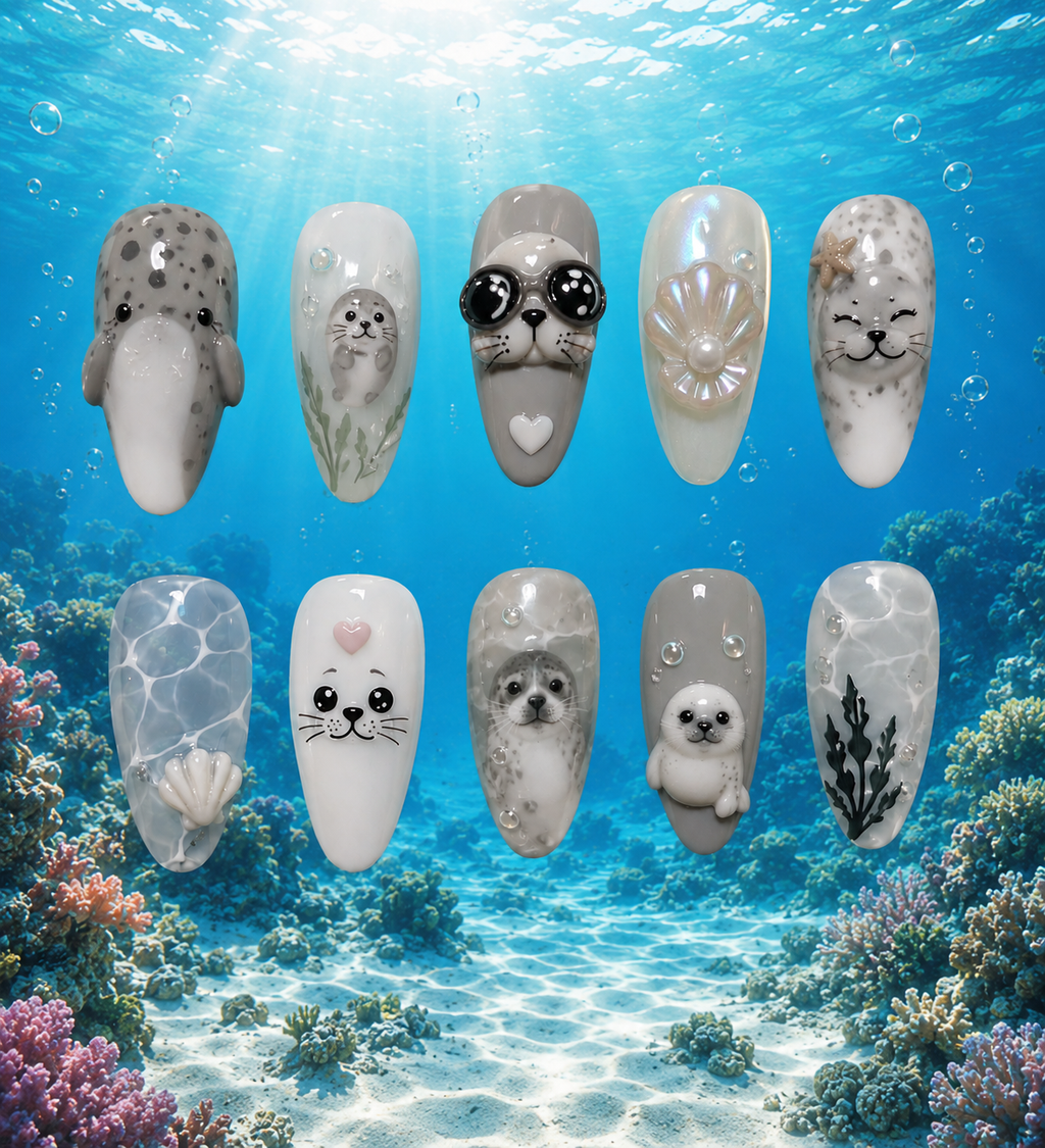Cute Baby Seal Ocean Pearl 3D Press On Nails