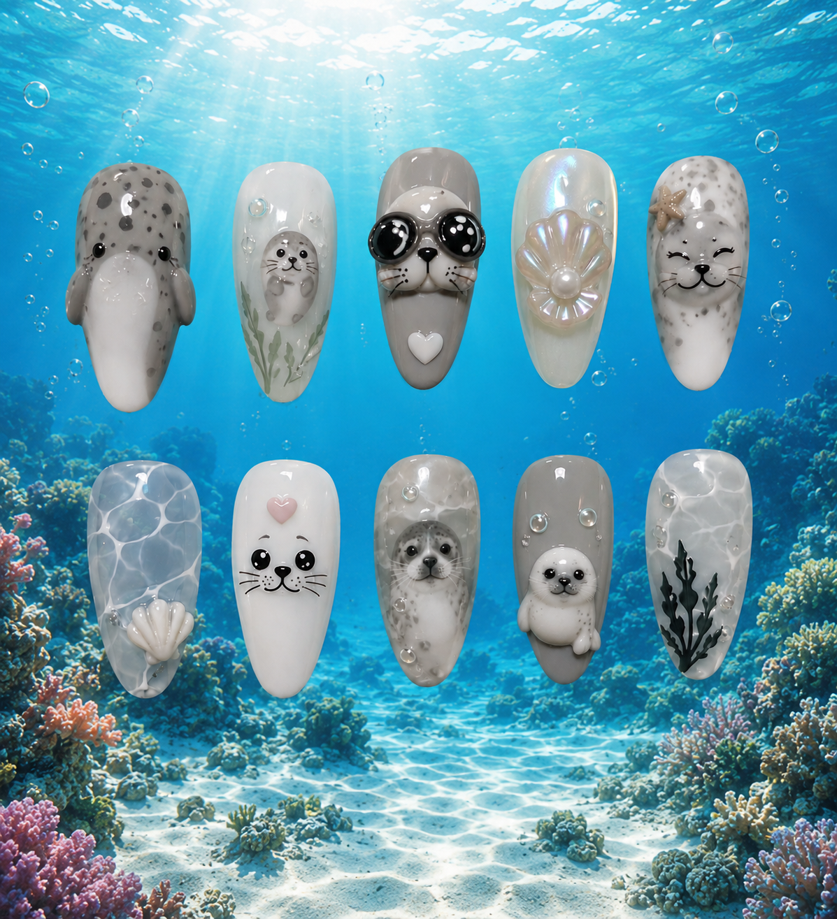 Cute Baby Seal Ocean Pearl 3D Press On Nails