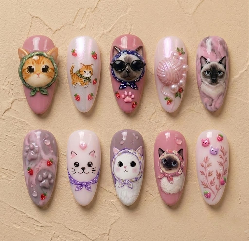 Pink Cat Strawberry Press On Nails