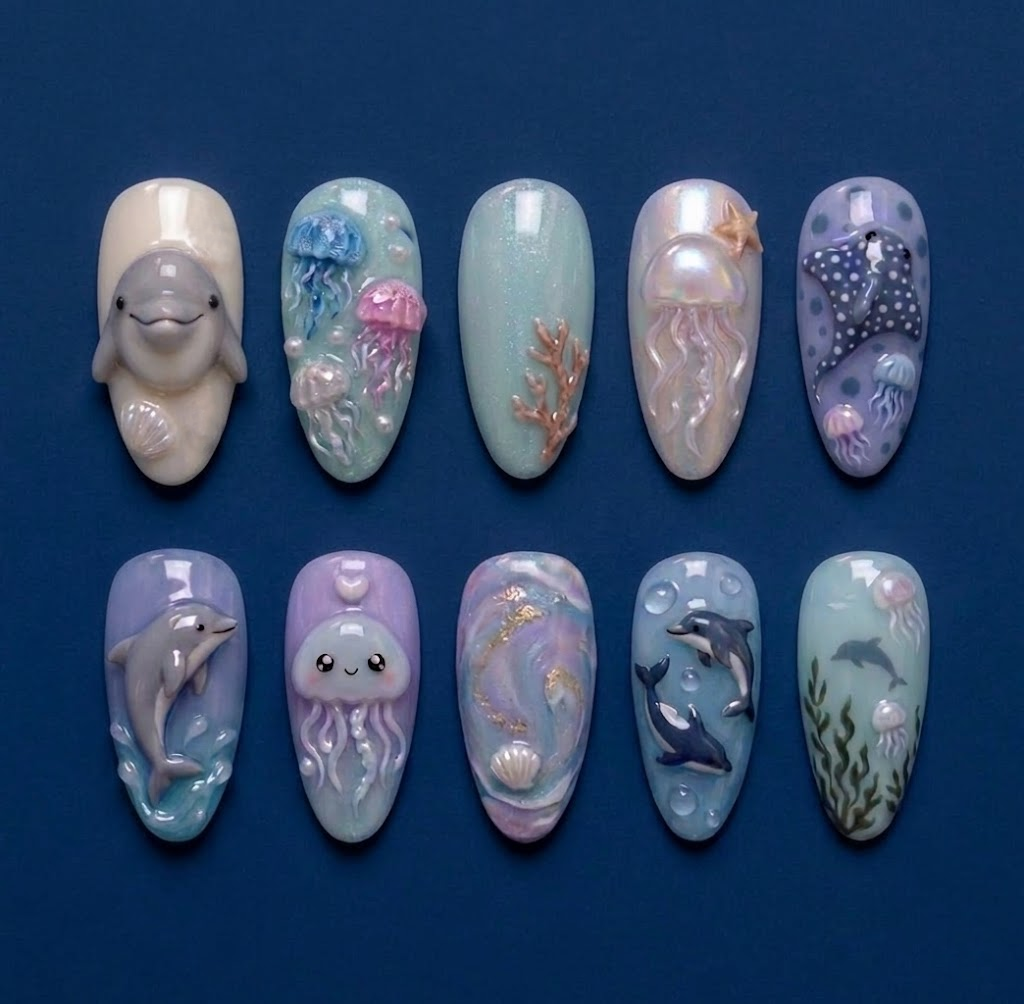 3D Dolphin Jellyfish Ocean Nail Set