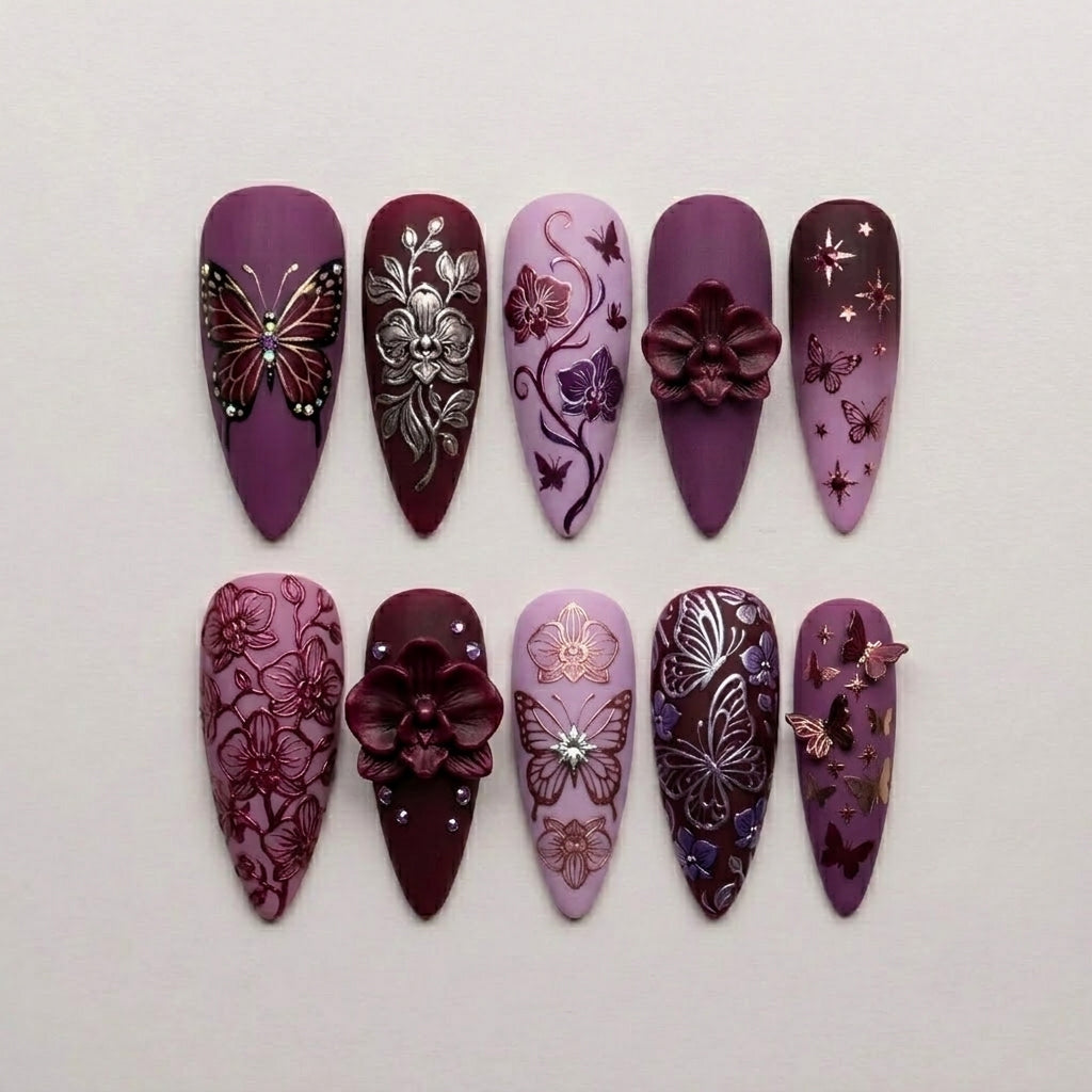 Burgundy Orchid Butterfly Nails