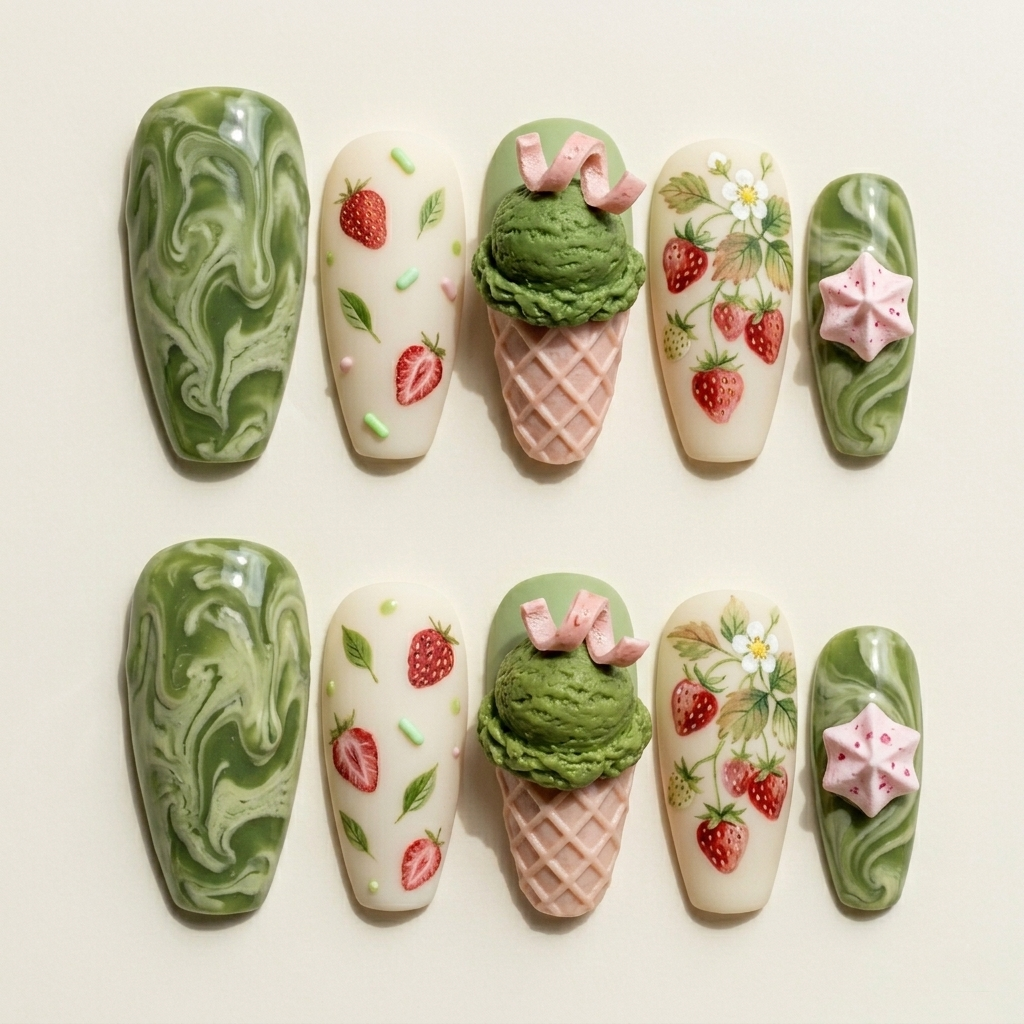 Matcha Strawberry Ice Cream Nails