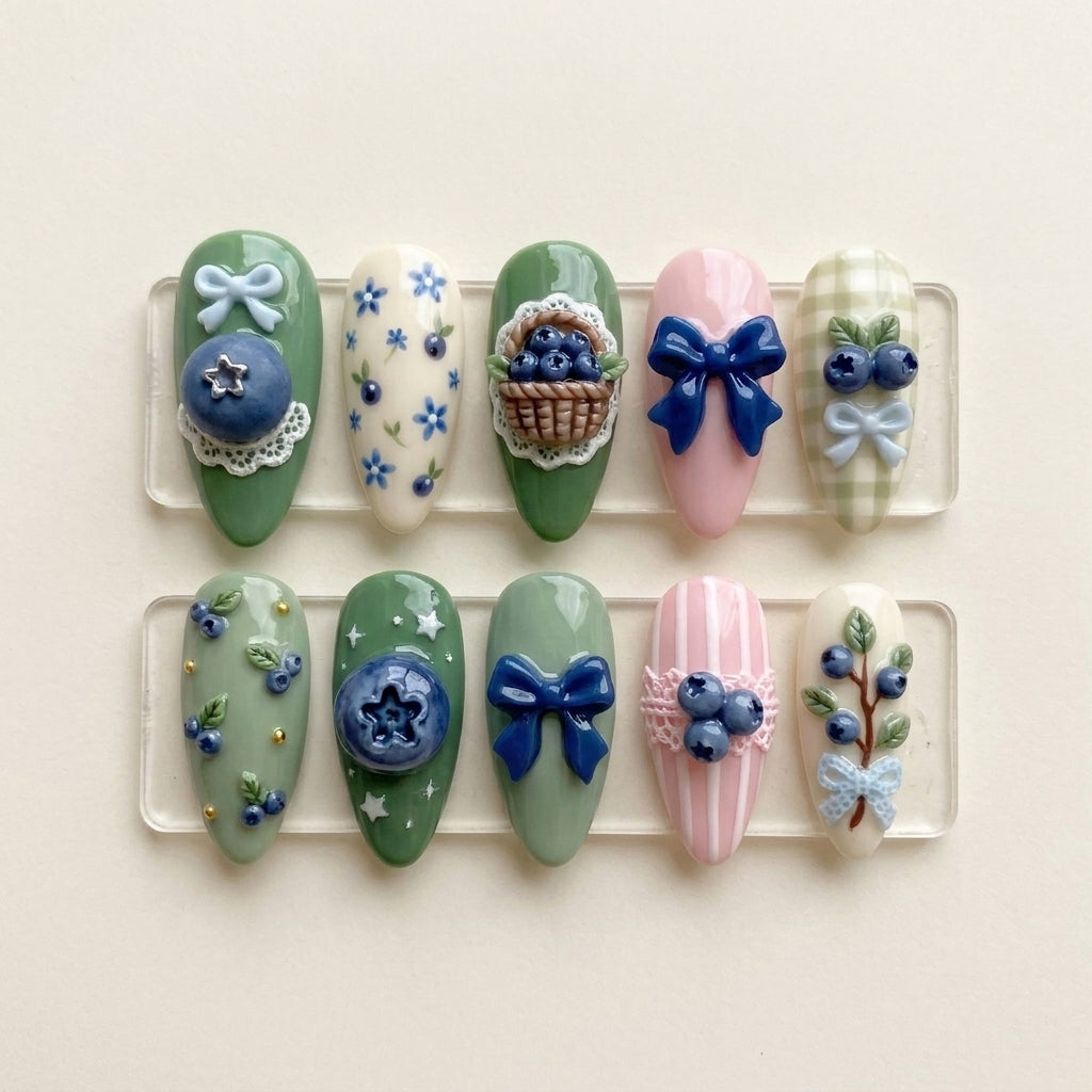 3D Blueberry Cottagecore Press On Nails